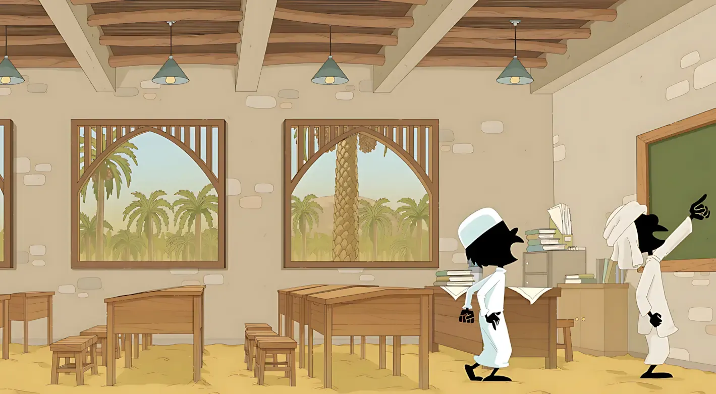 Illustration of a classroom in an Arabic architectural style. Two arched windows show palm trees outside. The room contains wooden desks and stools. Two stylized characters, likely students, are visible: one carrying books, the other writing on the blackboard. The ceiling has exposed beams and hanging lamps.