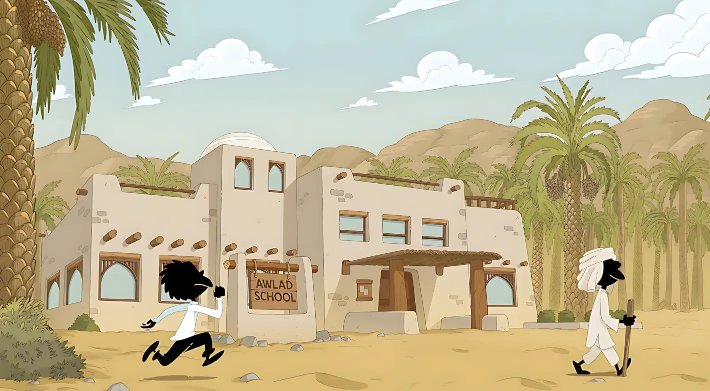 Illustration of a school building in a Middle Eastern architectural style, surrounded by palm trees. The building bears the inscription 'AWLAD SCHOOL'. Two stylized characters are visible: one running towards the school, the other walking with a stick. The background shows mountains and a sky with clouds.