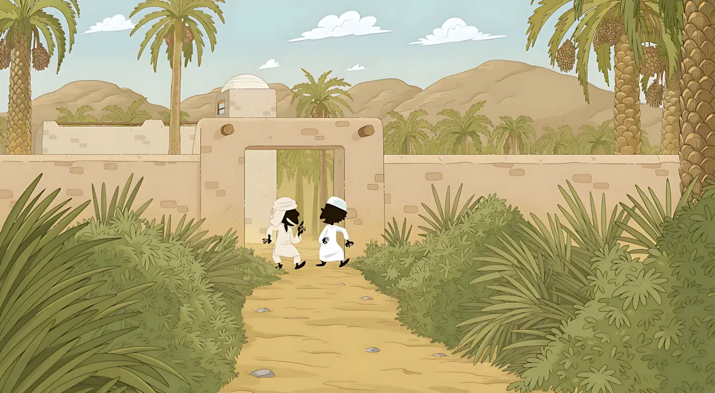 Image of a desert landscape with palm trees and mountains in the background. In the foreground, a stone wall with an open doorway. Two stylized characters, likely children, are walking towards the door. The scene is rich in desert vegetation details and uses warm tones of beige and green.