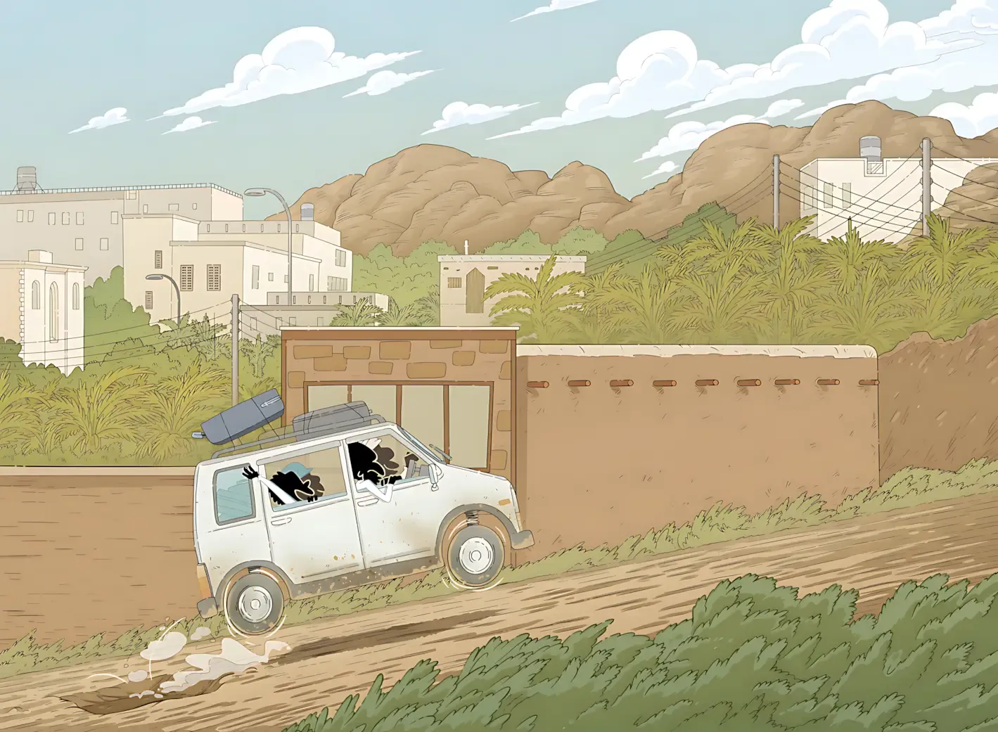 Urban landscape in a Middle Eastern architectural style. Stone buildings, palm trees, and mountains are visible in the background. In the foreground, a white van with stylized characters inside is driving on a dirt road. The image uses pastel tones and a detailed drawing style.