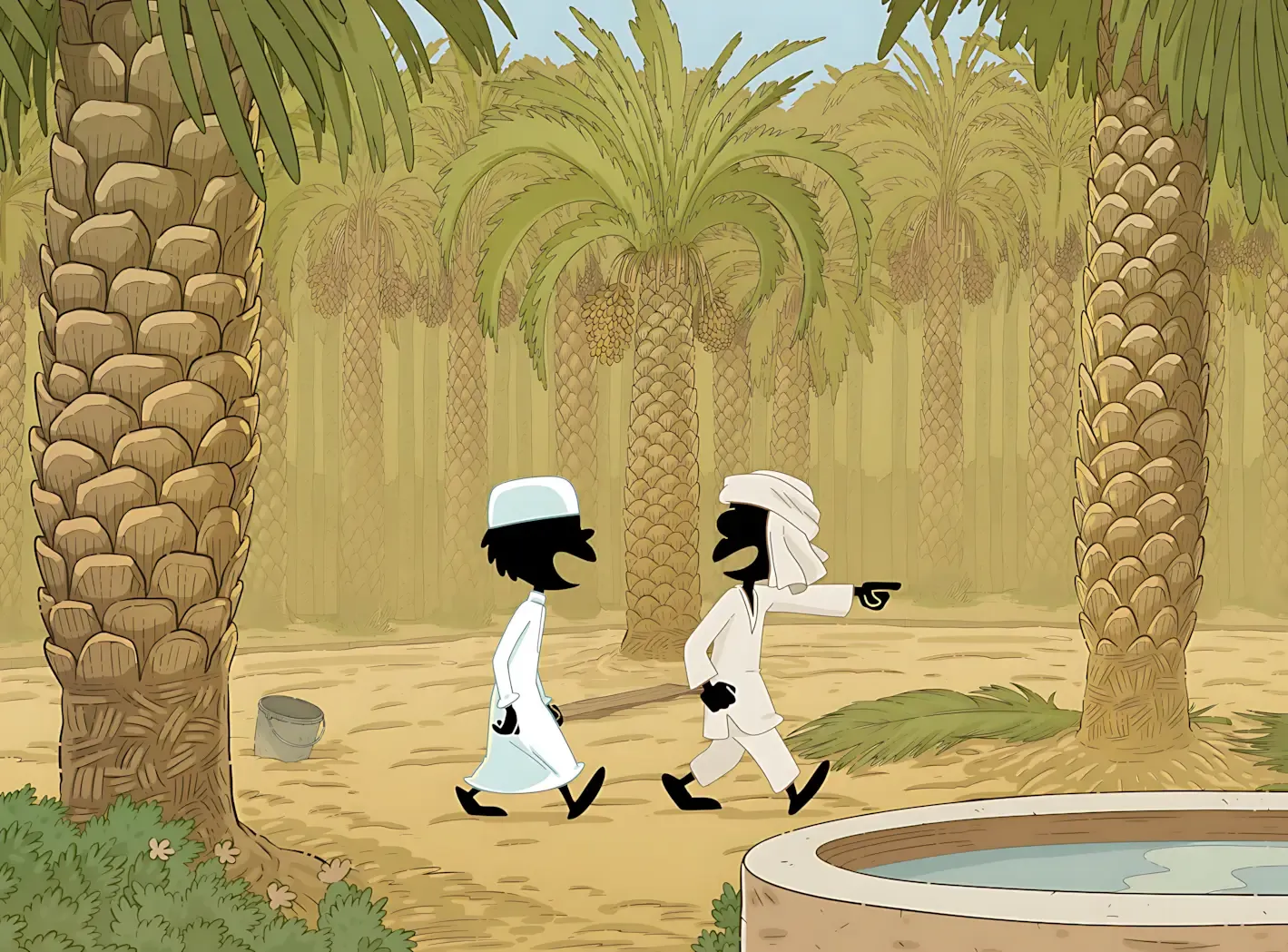 Detailed illustration of a palm grove. Two stylized characters are walking among the palm trees. One is pointing, seemingly showing something. The palm trees are depicted with great detail, showing textured trunks and fruits. A water basin is visible in the foreground.