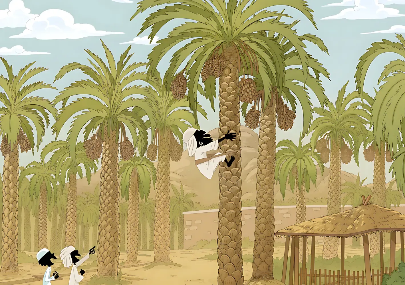 Illustration of a dense palm grove. Two stylized characters are visible at the bottom of the image, one pointing upwards. A third character is perched in a palm tree, seemingly picking fruits. The palm trees are depicted with great detail, showing textured trunks and clusters of fruits. A small structure with a thatched roof is visible on the right side.