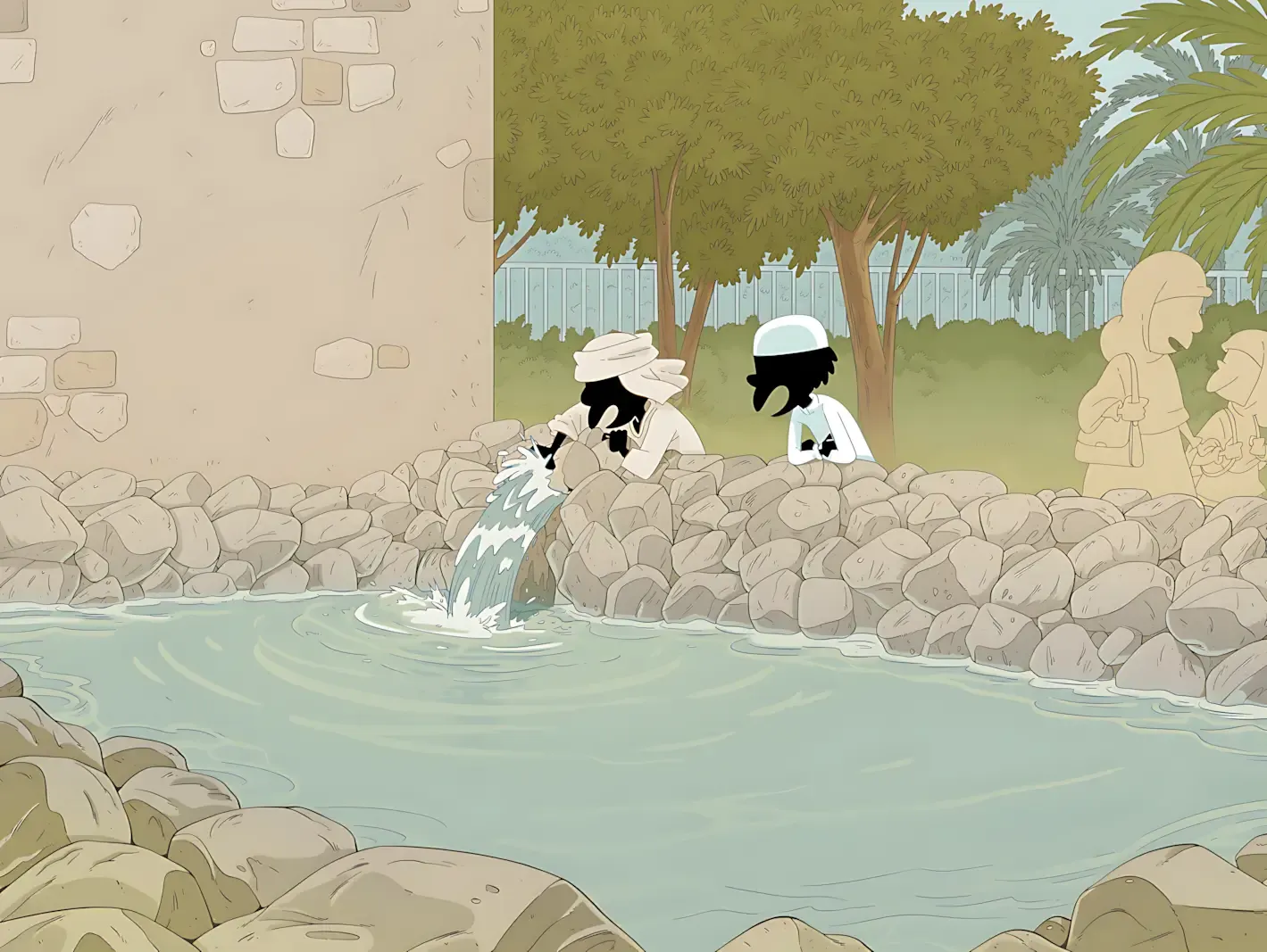 Scene near a water point. Two stylized characters are sitting on a stone wall. One is pouring water from a container into the water body. In the background, trees and a structure that could be a building are visible. The image uses soft tones and precise details.