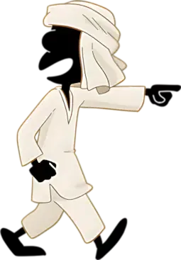 Stylized illustration of a character walking. The figure is depicted in black silhouette with white clothing, wearing what appears to be a long robe or tunic and a head covering. The character is pointing forward while walking.